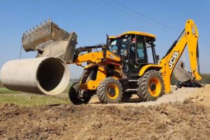 Heavy-duty JCB-style backhoe loader lifting materials